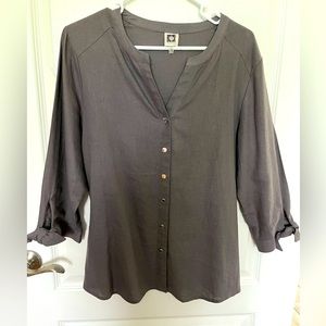 Anne Klein Button Front Grey Linen Top